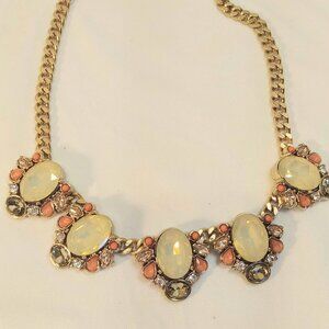 Statement Necklace - Gold Tone, Apricot Cabachon and Faceted Cut Crystal